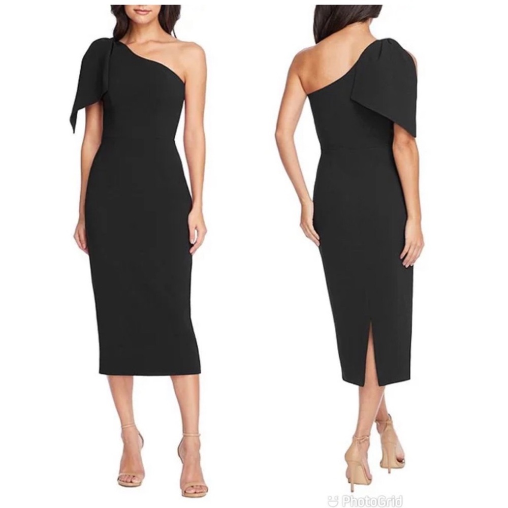 Dress The Population Tiffany One Shoulder Bow Sleeveless Back Slit Midi Dress